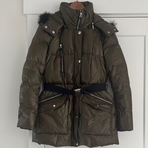 Andrew Marc Dark Green Puffer Jacket with Belt